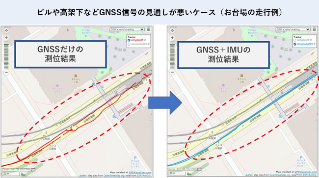 ビルや高架下などGNSS信号の見通しが悪いケース（お台場の走行例）