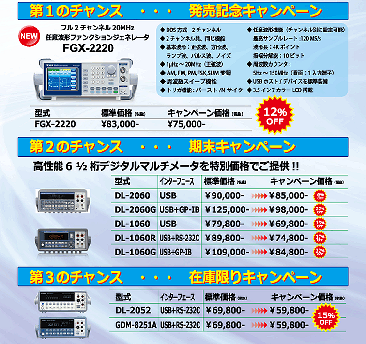 【テクシオ・テクノロジー】今がチャンス!!汎用電子計測器お買い得キャンペーン内容