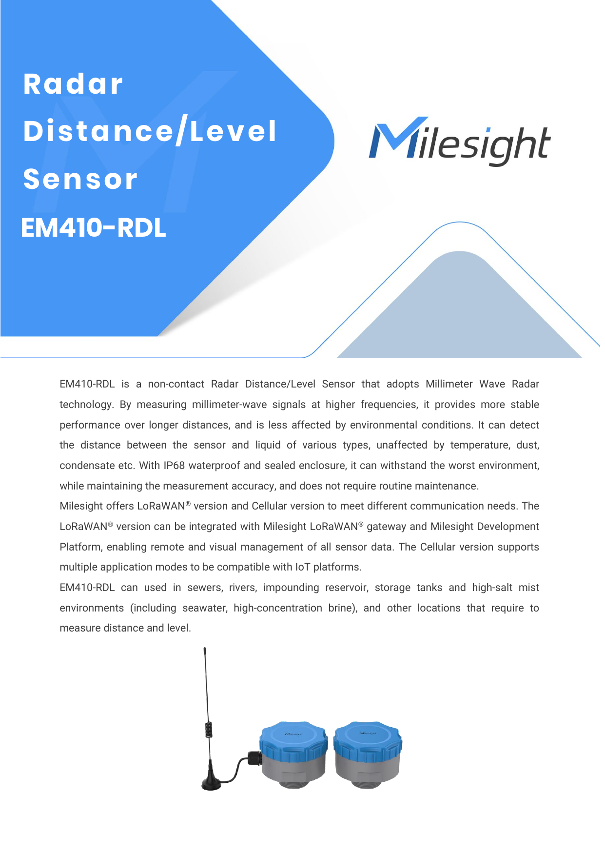 LoRaWAN®レーダー距離/レベルセンサー M410-RDL データシート（英語）