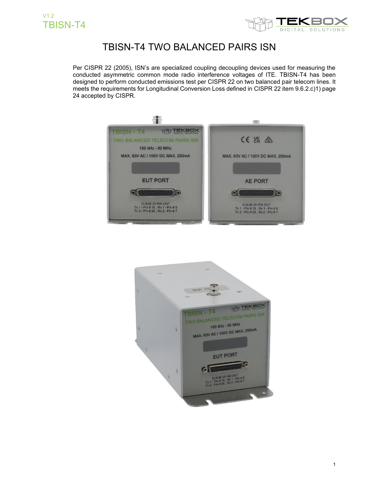 インピーダンス安定化ネットワーク 平衡2対用 TBISN-T4 マニュアル（英語）