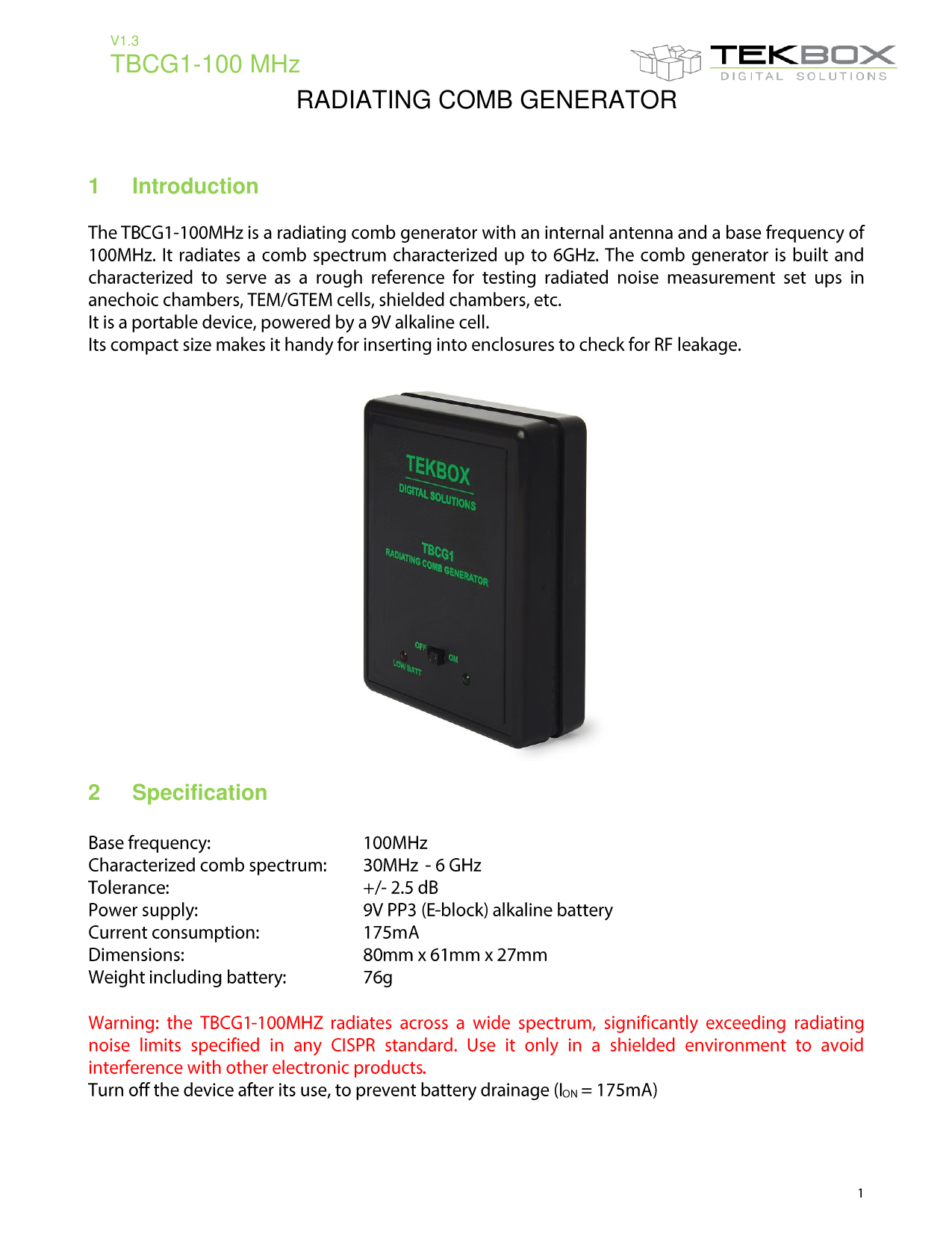 放射コムジェネレータ TBCG1-100MHz ユーザーマニュアル（英語）