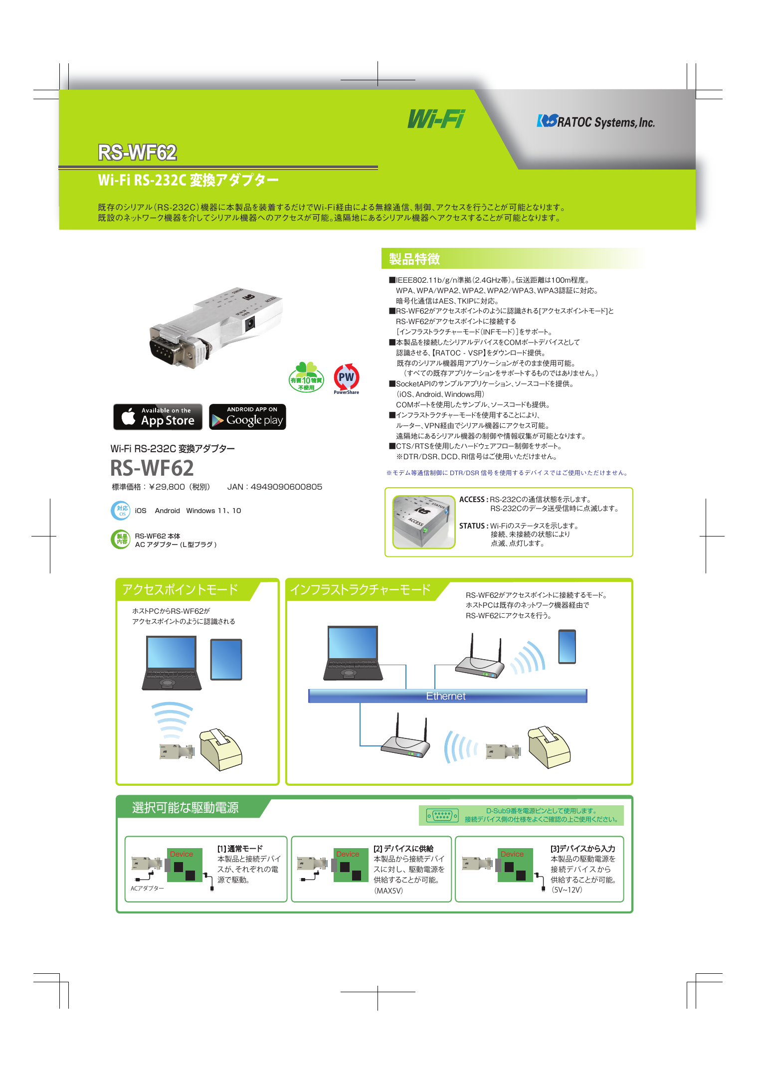 Wi-Fi RS-232C 変換アダプター　A4カタログ